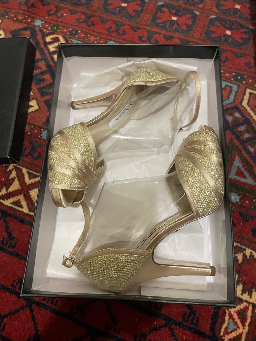 Nina Gold Glitter Peep-Toe Ankle-Strap Heels size 7.5 BRAND NEW